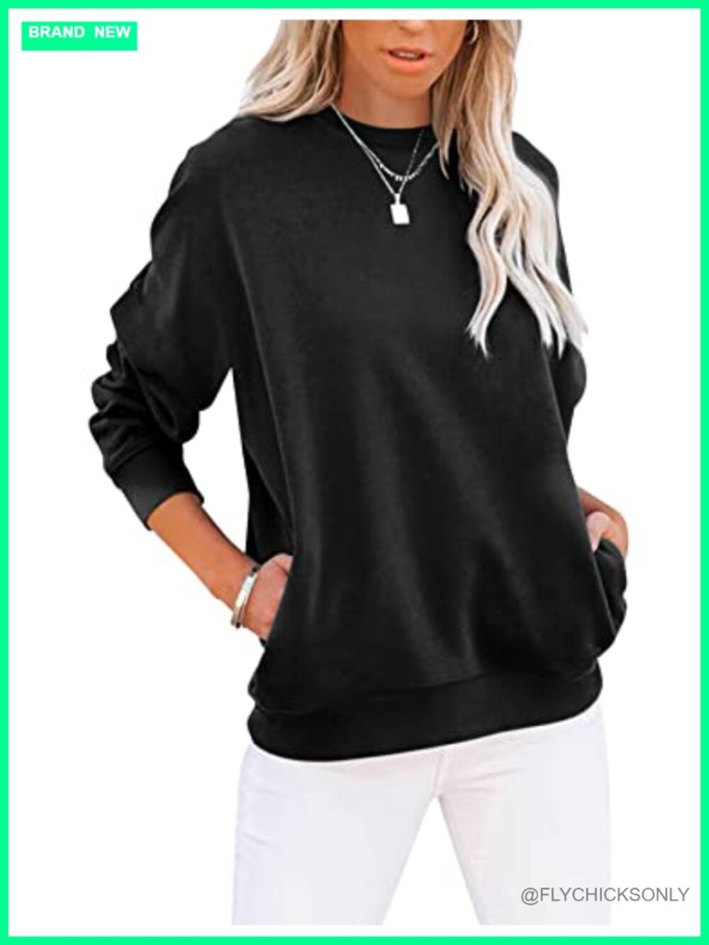 Crewneck Pullover Sweatshirt with Pockets Long Sleeve Loose Fit Casual